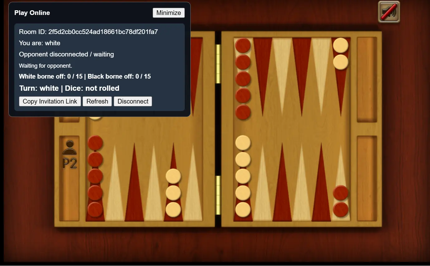 Backgammon online multiplayer room with an invitation link to share with a friend